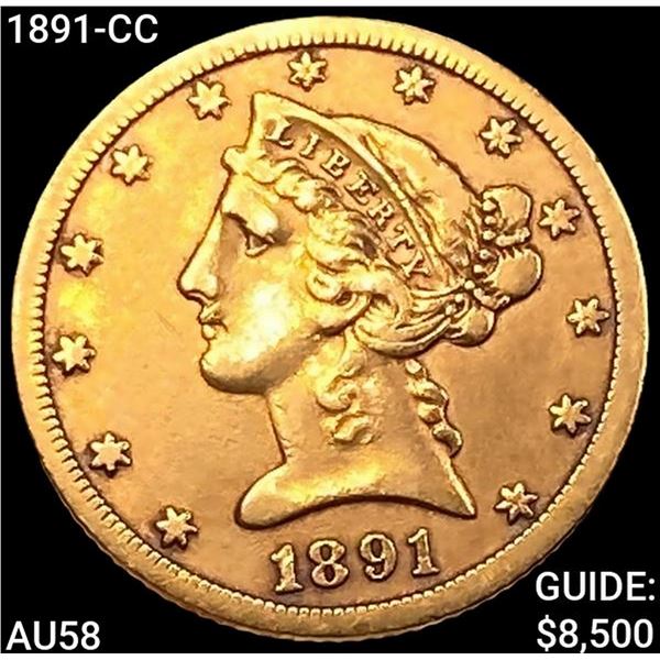 1891-CC $5 Gold Half Eagle CHOICE AU