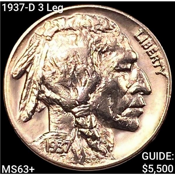 1937-D 3 Leg Buffalo Nickel CHOICE BU+