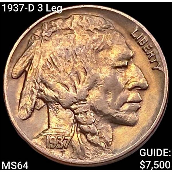 1937-D 3 Leg Buffalo Nickel CHOICE BU