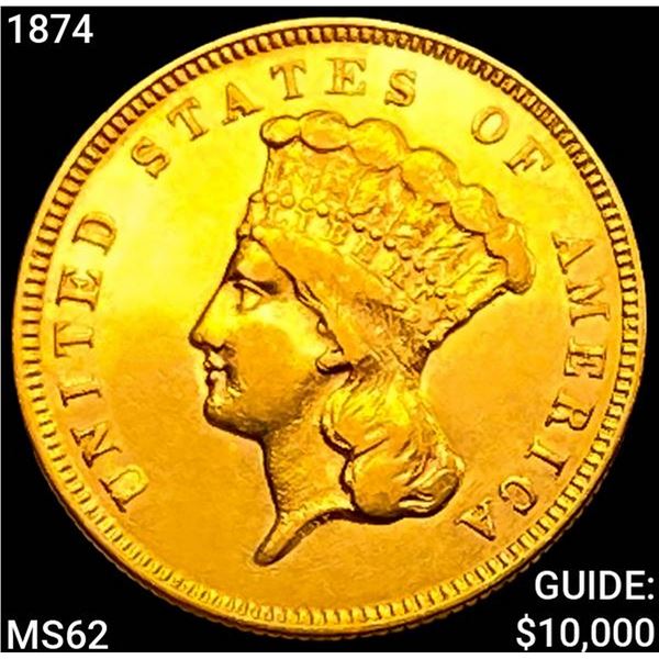 1874 $3 Gold Piece UNCIRCULATED