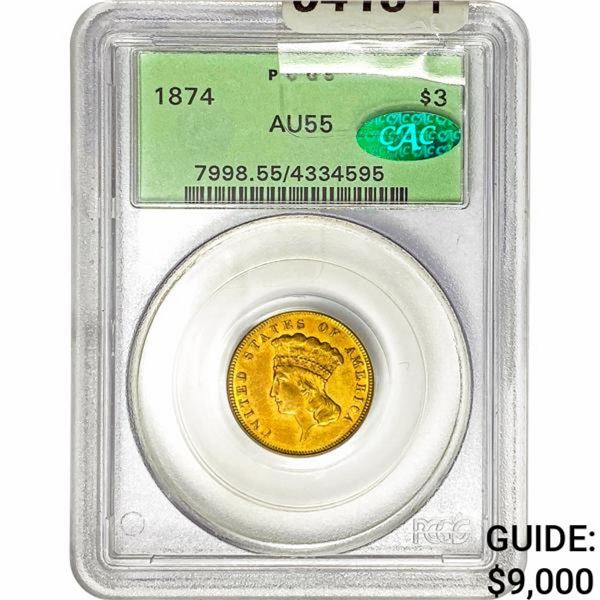 1874 CAC $3 Gold Piece PCGS AU55
