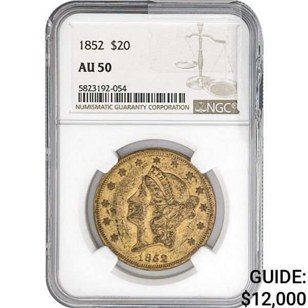 1852 $20 Gold Double Eagle NGC AU50