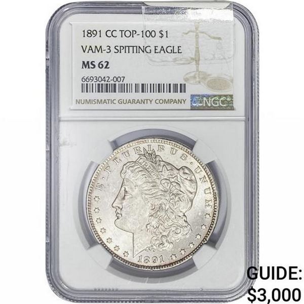1891-CC Morgan Silver Dollar NGC MS62 VAM3 Spit Eagle