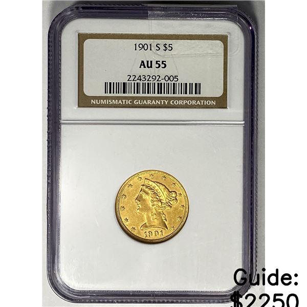 1901S $5 Gold Half Eagle NGC AU55