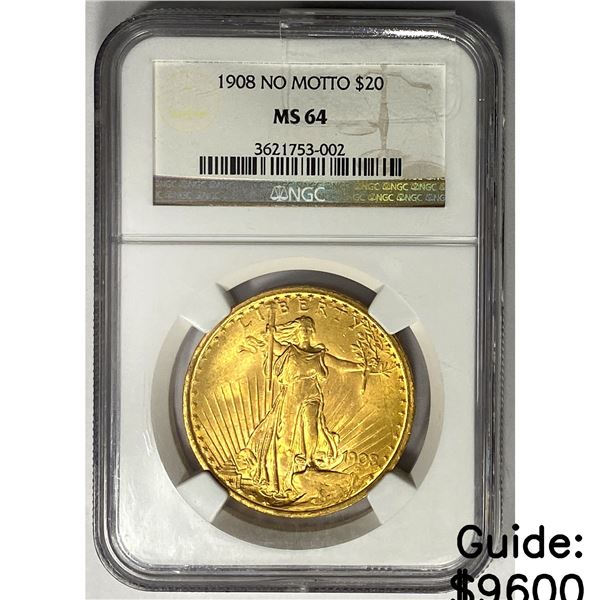 1908 $20 Gold Double Eagle NGC MS64