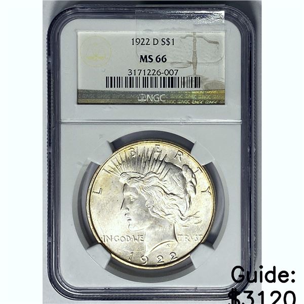 1922D Silver Peace Dollar NGC MS66