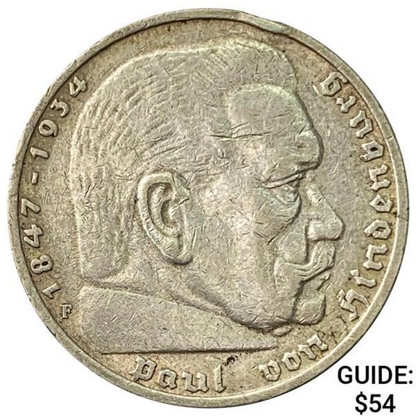 1936-F Germany Silver 5 Mark CLOSELY UNCIRCULATED