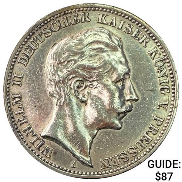 1911-A Germany Silver 3 Mark CLOSELY UNCIRCULATED