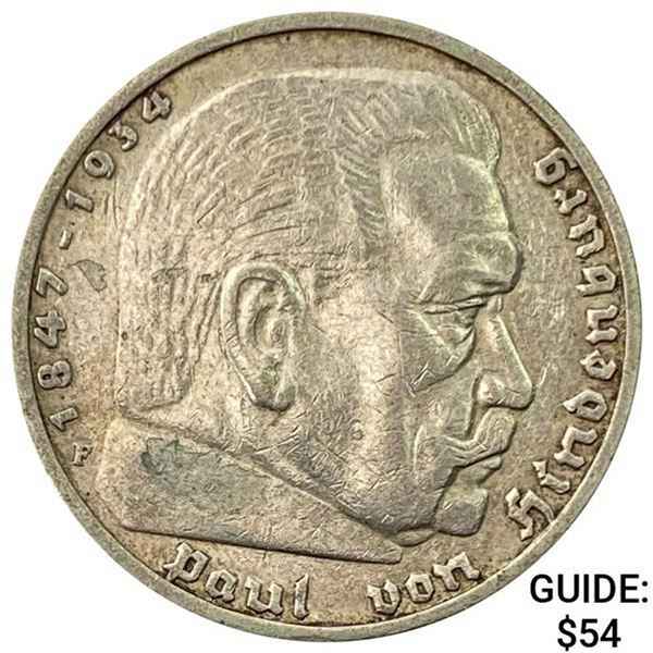 1935-F Germany Silver 5 Reichsmark CLOSELY UNCIRCULATED