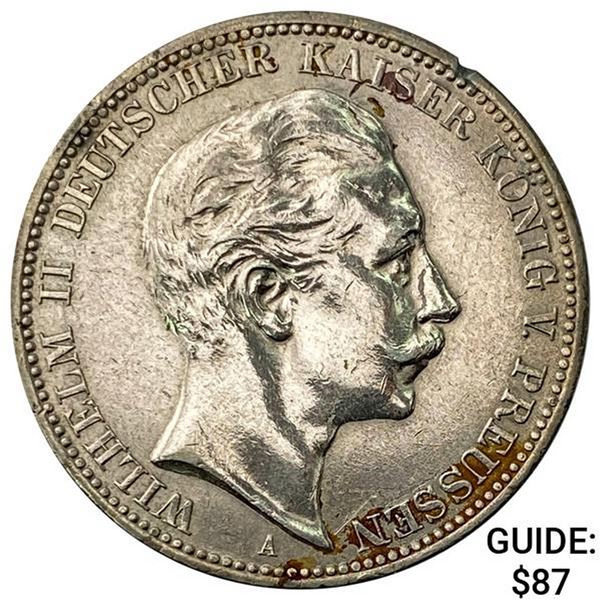 1909-A Prussia Silver 3 Mark CLOSELY UNCIRCULATED