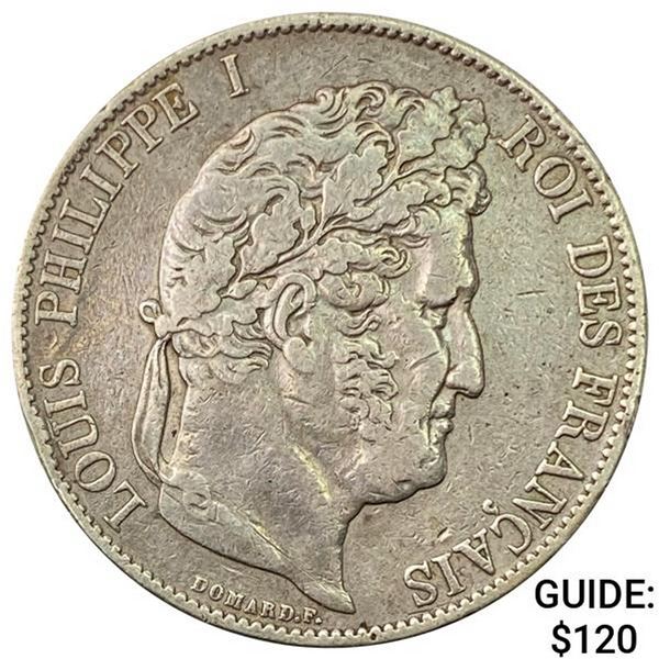 1847-A France Silver 5 Francs NEARLY UNCIRCULATED