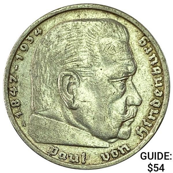 1935-A Germany Silver 5 Reichsmark CLOSELY UNCIRCULATED