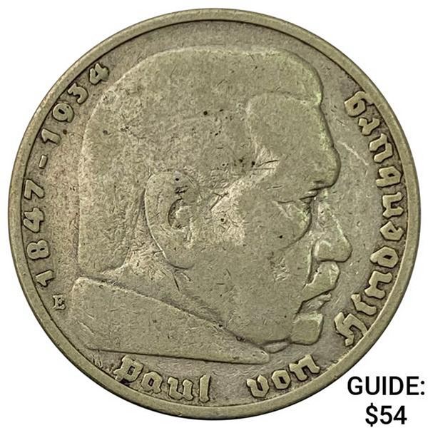 1935-E Germany Silver 5 Reichsmark NEARLY UNCIRCULATED