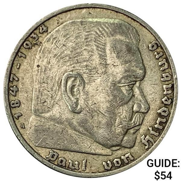 1936-A Germany Silver 5 Reichsmark CLOSELY UNCIRCULATED