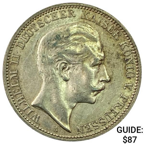1912-A Prussia Silver 3 Mark CHOICE AU