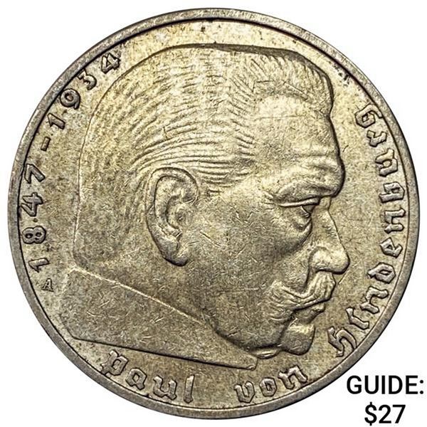 1938-A Germany Silver 2 Reichsmarks CLOSELY UNCIRCULATED