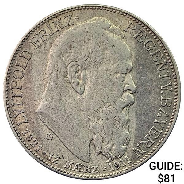 1911-D Bavaria Silver 2 Mark CHOICE AU