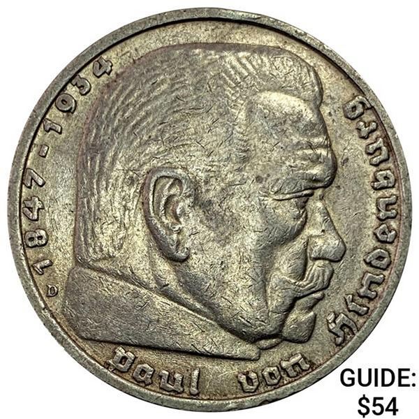 1935-D Germany Silver 5 Reichsmark CHOICE AU