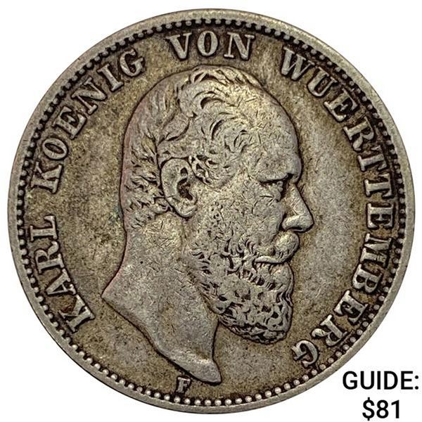 1877-F Wurttemberg Silver 2 Mark NEARLY UNCIRCULATED