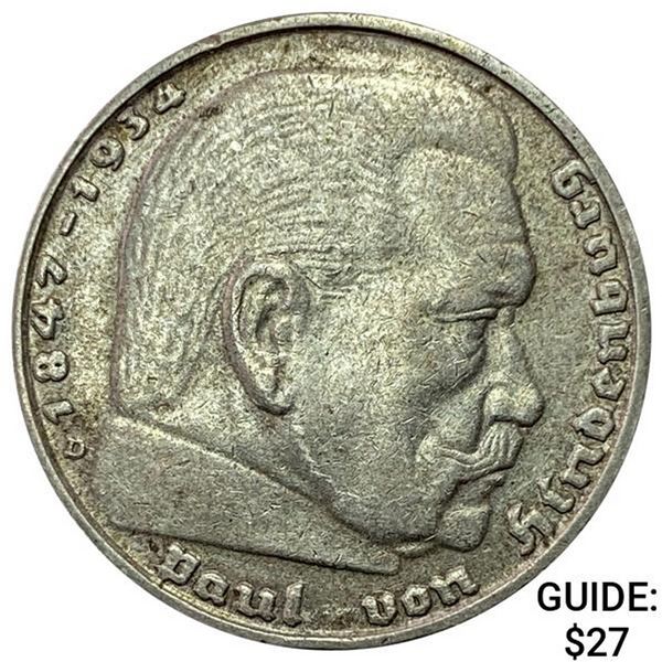1937-O Germany Silver 2 Reichsmarks CLOSELY UNCIRCULATED