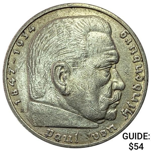1936-A Germany Silver 5 Reichsmark CLOSELY UNCIRCULATED