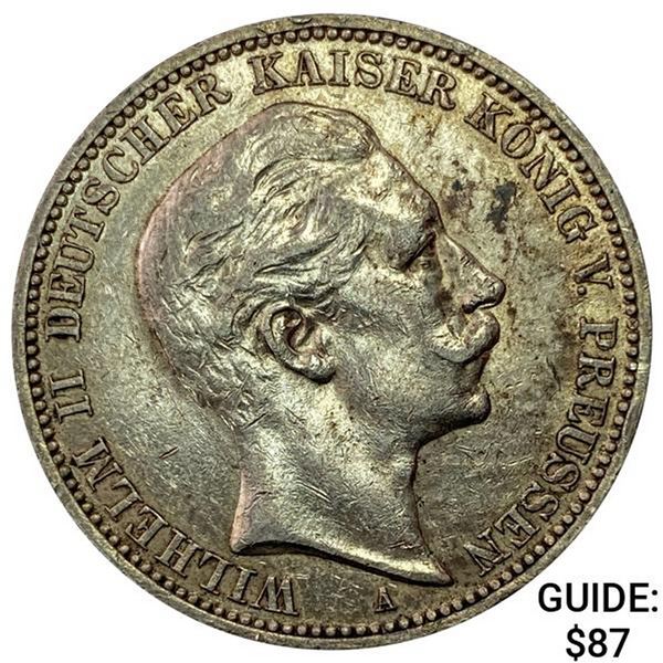 1912-A Prussia Silver 3 Mark CHOICE AU