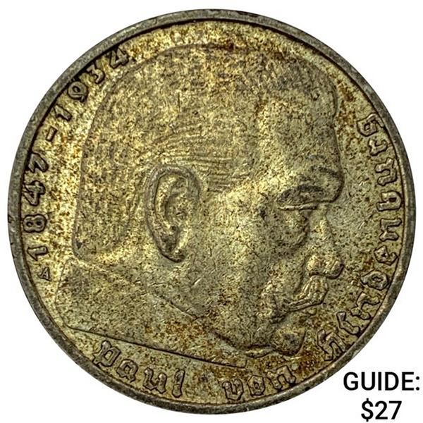1937-A Germany Silver 2 Reichsmark CLOSELY UNCIRCULATED
