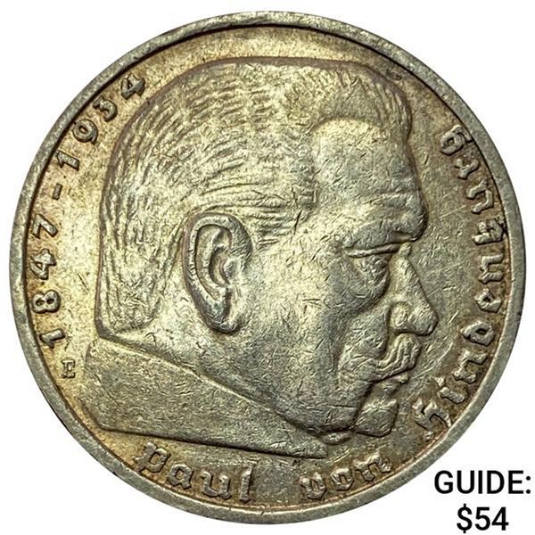 1935-E Germany Silver 5 Reichsmark CLOSELY UNCIRCULATED