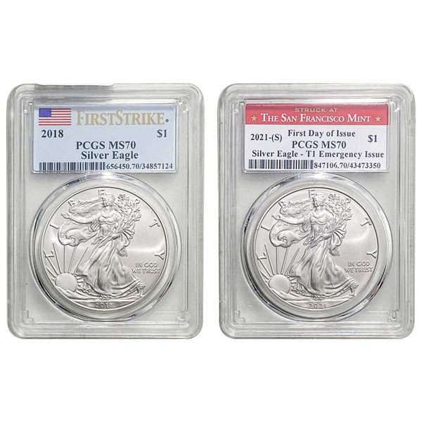 2018, 2021-S Am Silver Eagle Lot [2 Coins] PCGS MS70