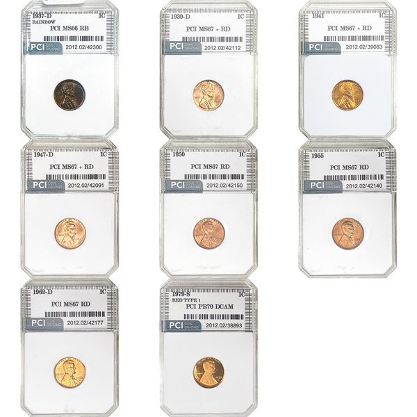 1937-1979 Gem BU/PF Lincoln Cent Lot [8 Coins] PCI MS/PF66/70