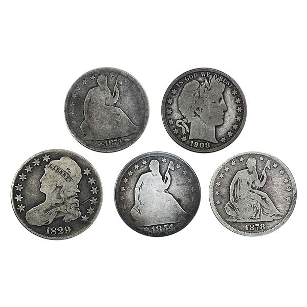 1829-1908 Varied Silver US Half Dollar Lot [5 Coins] Avg Circ