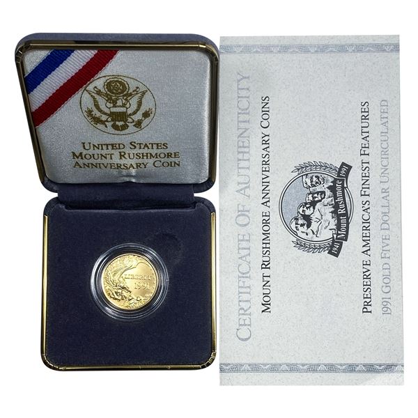 1991 Mt. Rushmore $5 Gold Coin 0.24oz SUPERB GEM BU