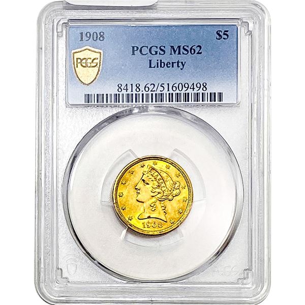 1908 $5 Gold Half Eagle PCGS MS62
