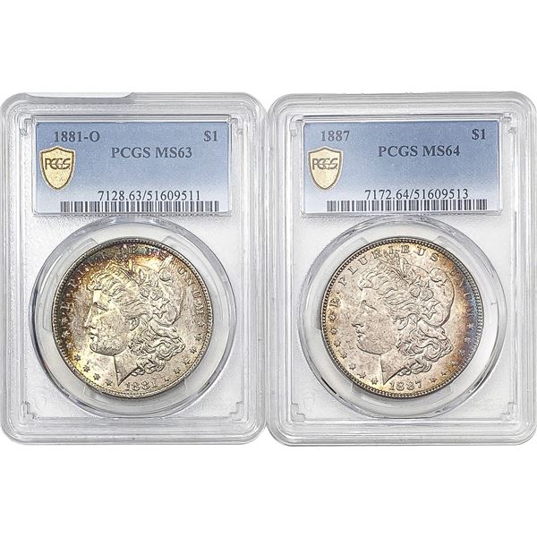 1881-O, 1887 Gem BU Morgan Silver Dollar Lot [2 Coins] PCGS MS63-64