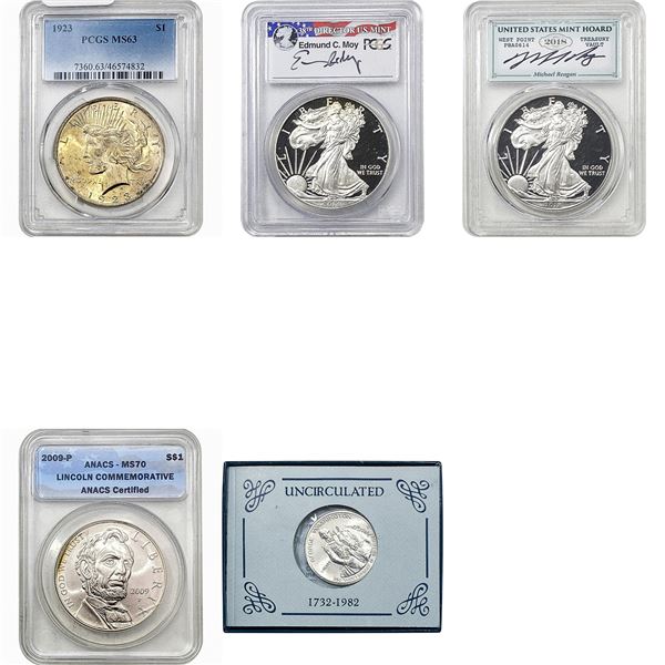 1923-2018 Gem BU/PF US Silver Dollar and Half Dollar Lot [5 Coins] PCGS MS/PF
