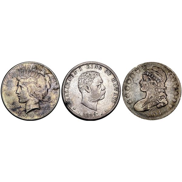 1925 Peace $1/1834 50C/1883 Kingdom of Hawaii 25C