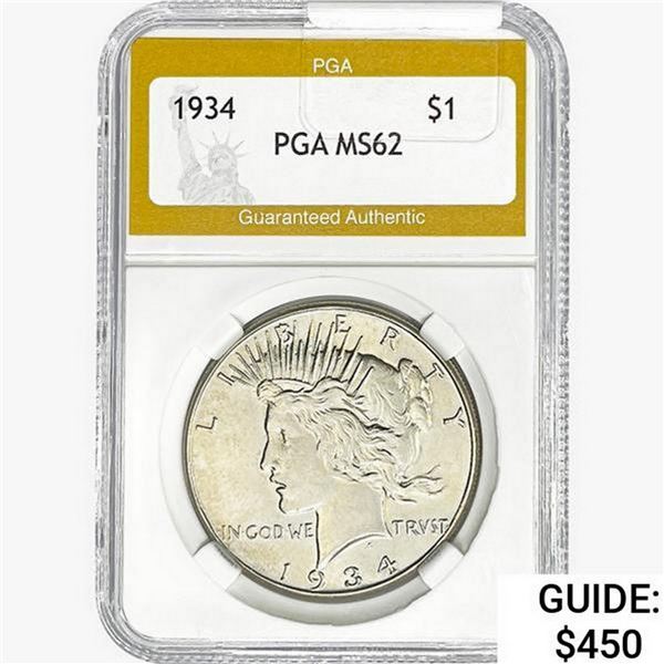 1934 Silver Peace Dollar PGA MS62