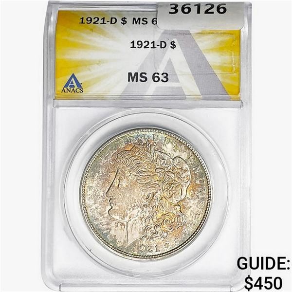 1921-D Morgan Silver Dollar ANACS MS63