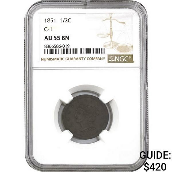 1851 1/2C Braided Hair NGC AU55 BN