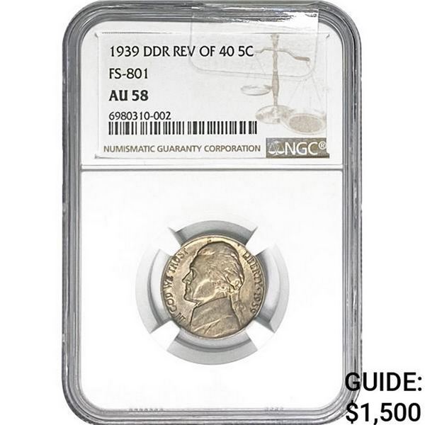 1939 DDR REV OF 40 Jefferson Nickel NGC AU58 FS801