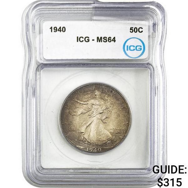 1940 50C Walking Liberty Half ICG MS64