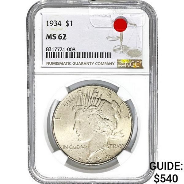 1934 $1 Peace Dollar NGC MS62