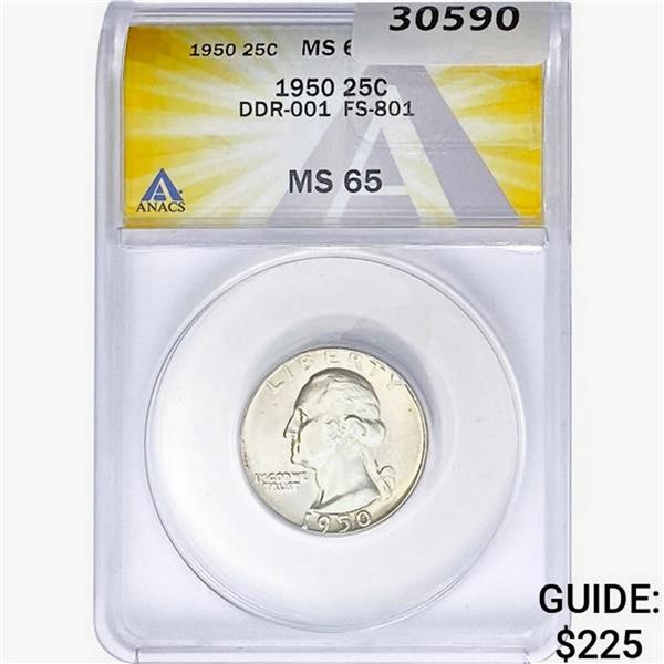1950 Washington Silver Quarter ANACS MS65 DDR-001 FS-801