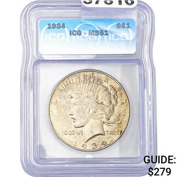 1934 Peace Dollar ICG MS61