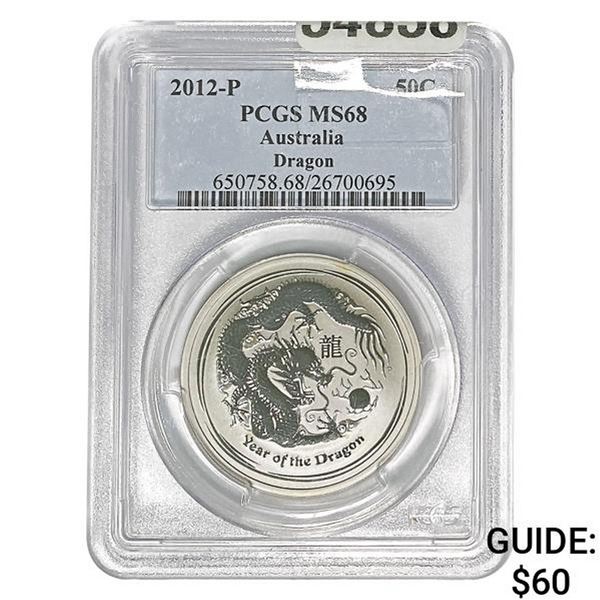 2012-P Australia 1/2oz Silver 50C Dragon PCGS MS68