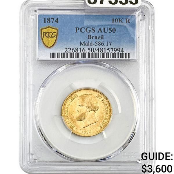 1874 Brazil 10K Gold AGW.2643oz Reis PCGS AU50