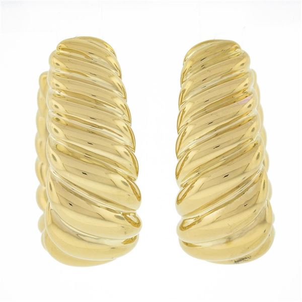 Milor Italian 14K Yellow Gold Polished Puffed Ribbed Wide Hoop Huggie Earrings