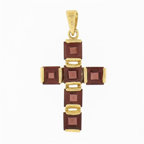 14k Yellow Gold Square Step Cut Rhodolite Garnet Channel Set Cross Pendant