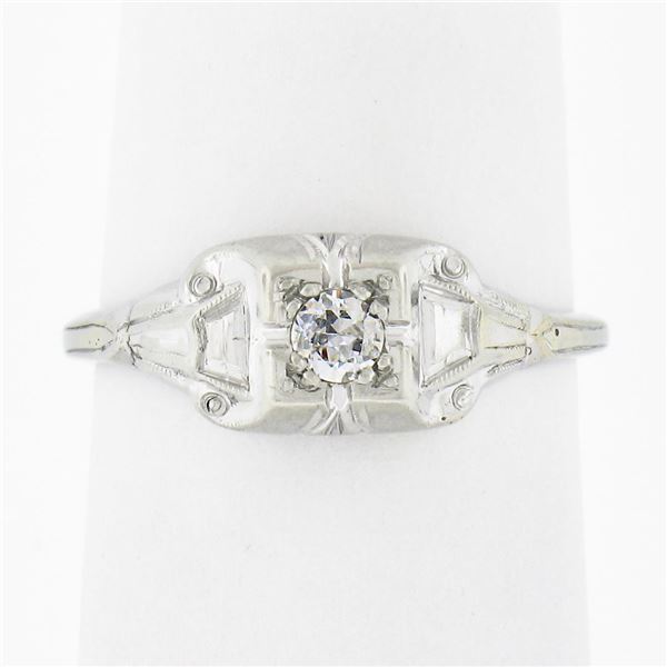 Antique Art Deco 14k White Gold Old European Cut Diamond Solitaire Promise Ring