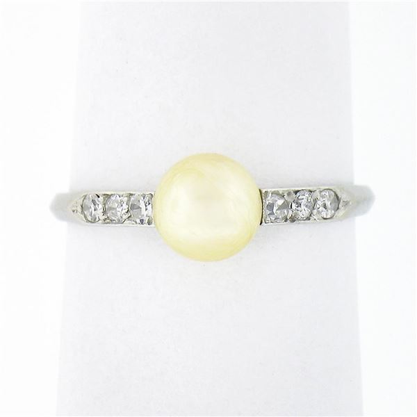 Antique Art Deco.900 Platinum Cultured Pearl Solitaire Single Cut Diamond Ring